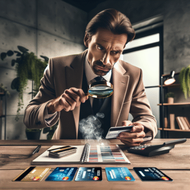 A smart and sophisticated individual analyzing credit card options, highlighting the benefits and avoiding fees.