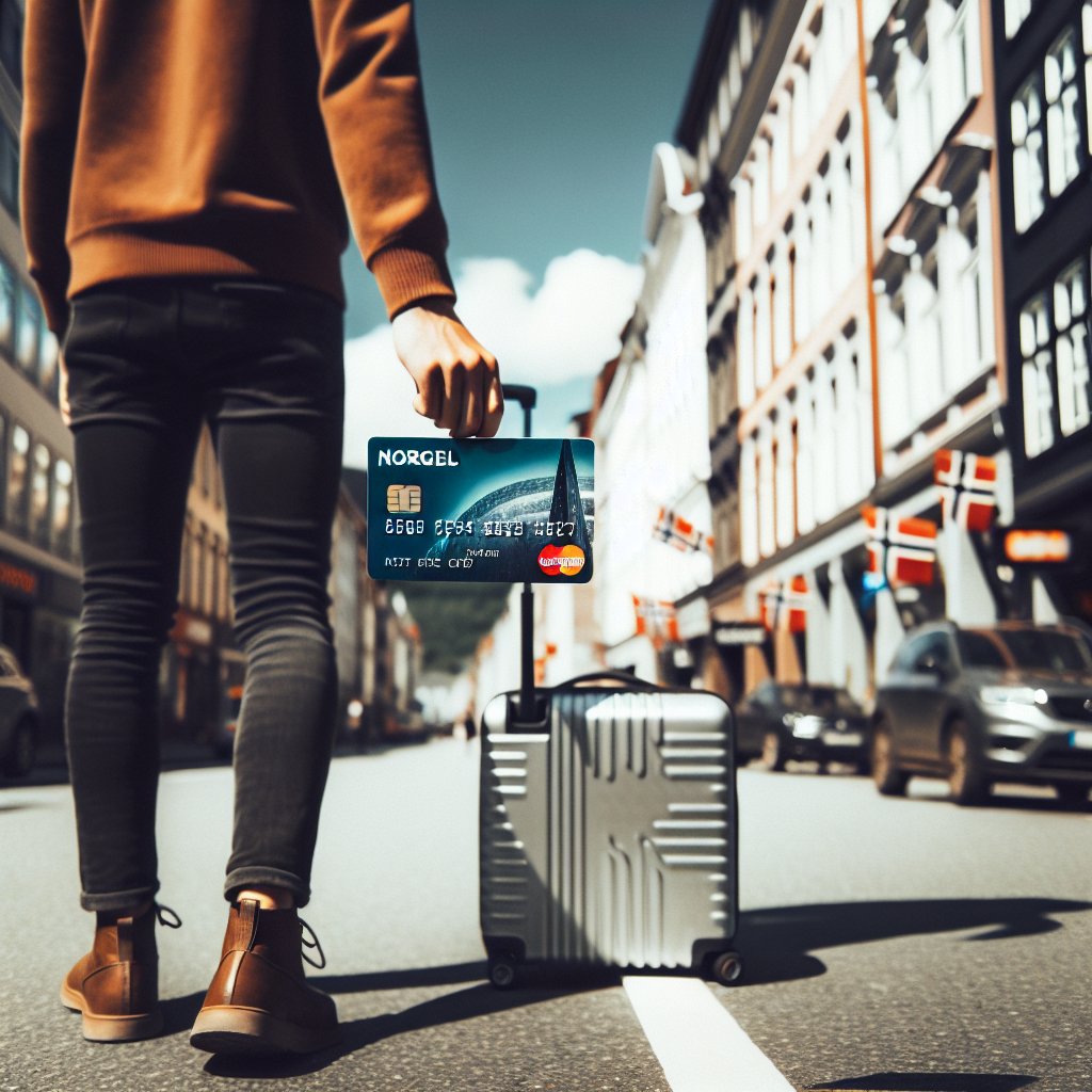 Norsk reisefotografi: en reisende ved en europeisk gate med koffert, holder et gebyrfritt kredittkort, naturlig dagslys, moderne reiseutseende, fokus på kortet