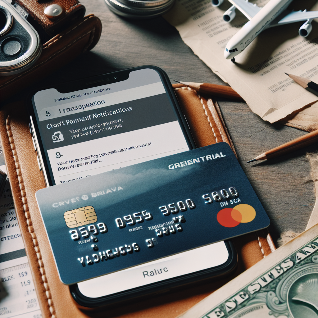 Nærbilde av et moderne, gebyrfritt kredittkort fra yA Bank på et bord med reiserekvisita og en mobiltelefon som viser varsel om betaling