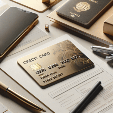 Et moderne kredittkort (re:member Gold-inspirert) på et skrivebord ved siden av reisedokumenter og en mobiltelefon, stilren og profesjonell fotoillustrasjon