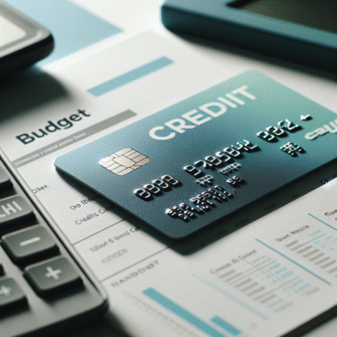 Nærbilde av et moderne kredittkort merket 'Credits Flex+' lagt over en kalkulator og budsjettark, i myke blå og grønne toner, minimalistisk og profesjonelt.