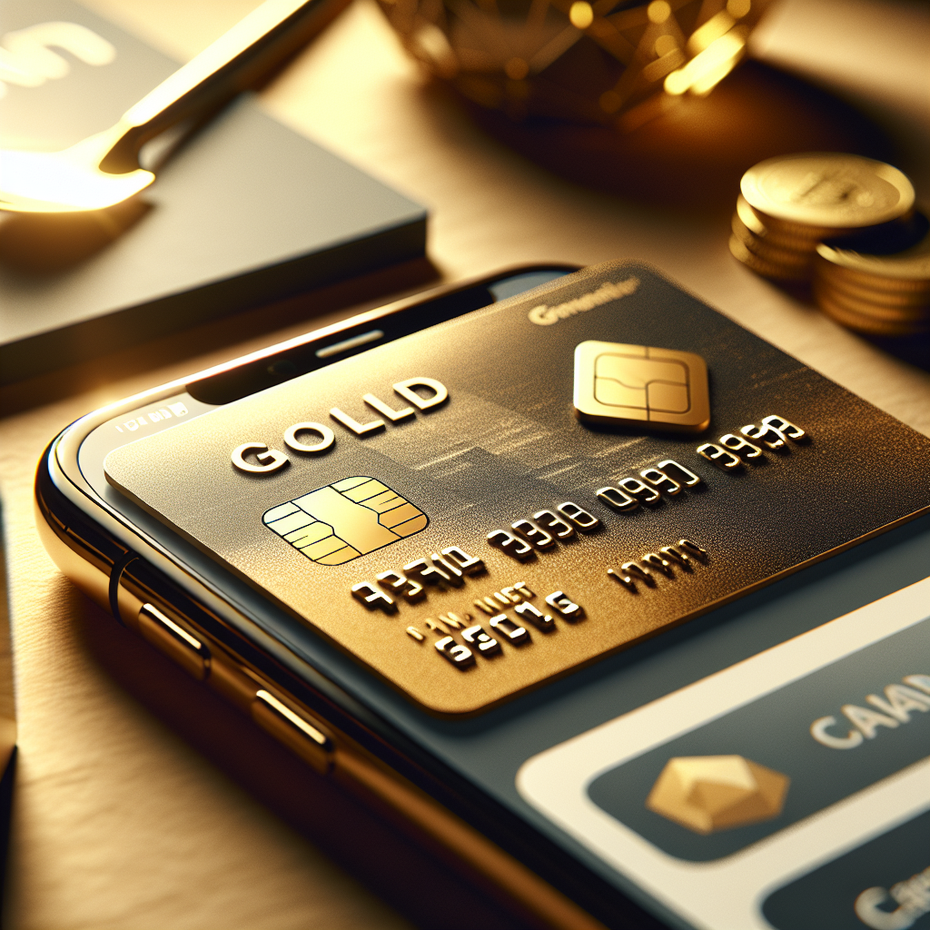 Nærbilde av et moderne kredittkort merket 'Gold' på et bord ved siden av mobil med økonomi-app, varm belysning, profesjonelt, nordisk stil