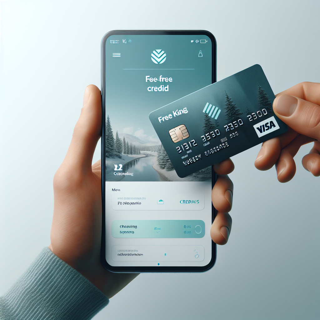 Nærbilde av en moderne hånd som holder et gebyrfritt kredittkort foran en mobilskjerm med bankapp, rent og tydelig, nordisk fargepalett